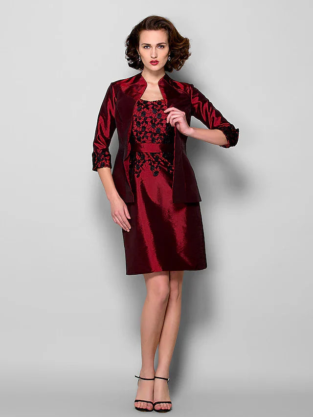 Wholesale Sheath / Column Mother of the Bride Dress Wrap Included Scoop Neck Knee Length Taffeta 3/4 Length Sleeve with Lace Sash / Ribbon